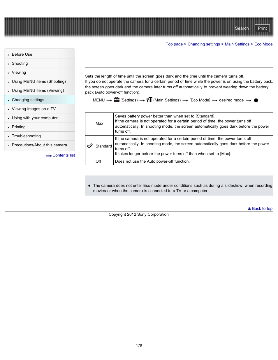 Eco mode, Cyber-shot user guide | Sony DSC-WX100 User Manual | Page 179 / 257