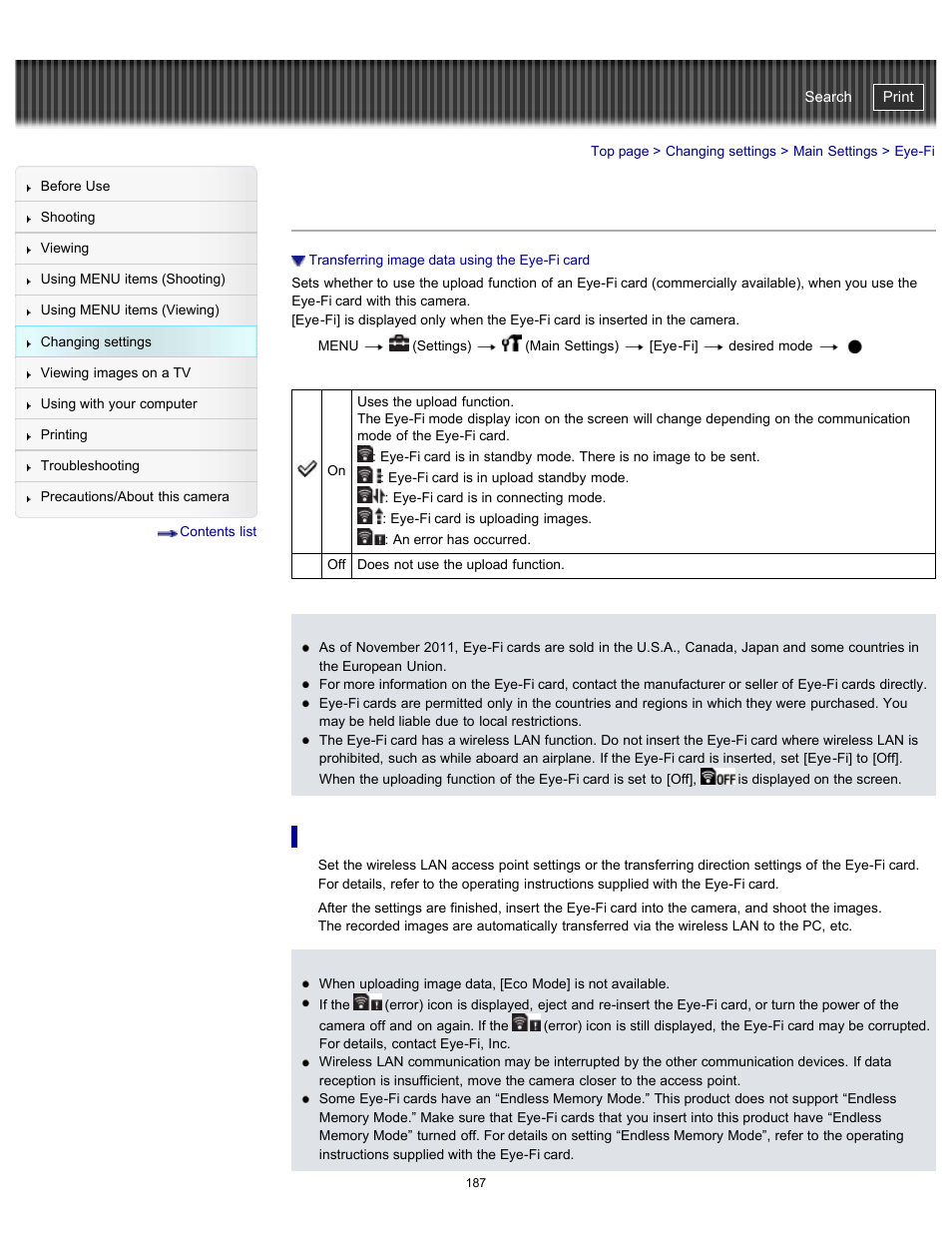 Eye-fi, Cyber-shot user guide | Sony DSC-WX100 User Manual | Page 187 / 257