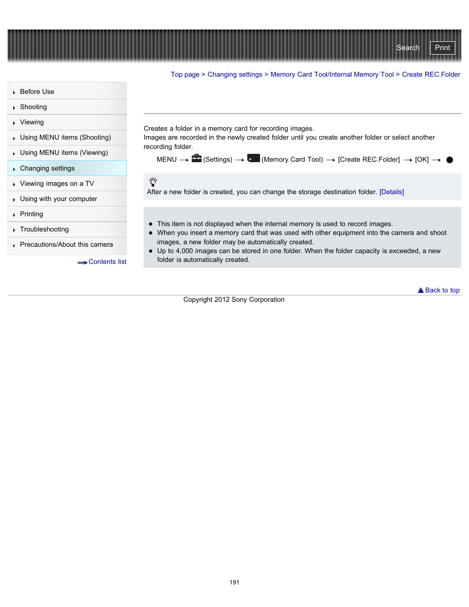 Create rec.folder, Cyber-shot user guide | Sony DSC-WX100 User Manual | Page 191 / 257