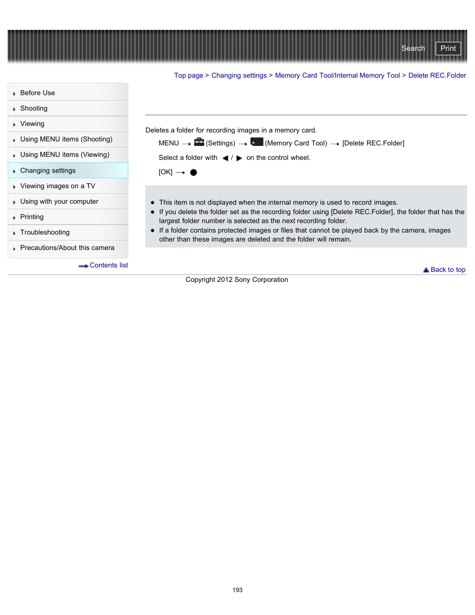 Delete rec.folder, Cyber-shot user guide | Sony DSC-WX100 User Manual | Page 193 / 257