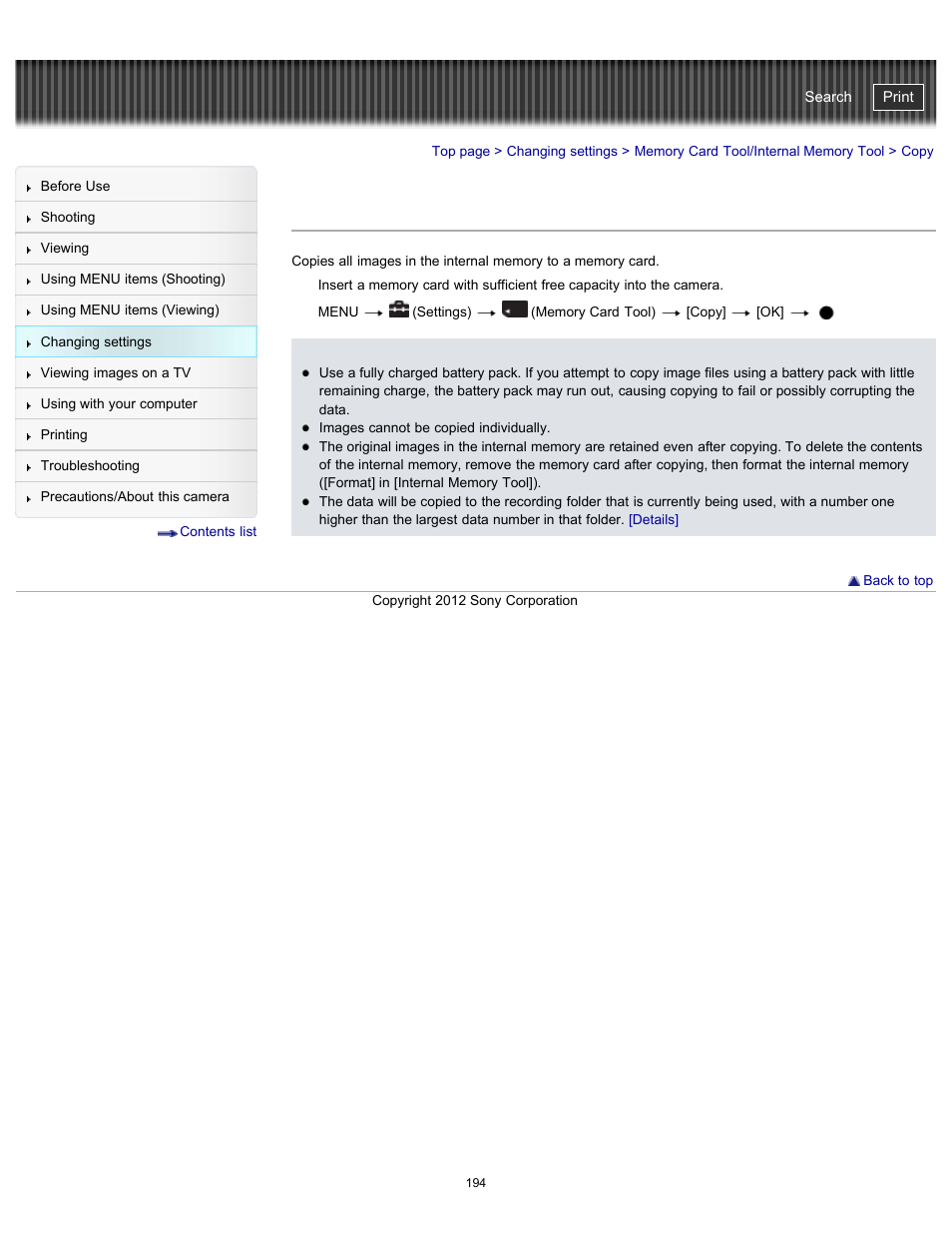 Copy, Details, Cyber-shot user guide | Sony DSC-WX100 User Manual | Page 194 / 257