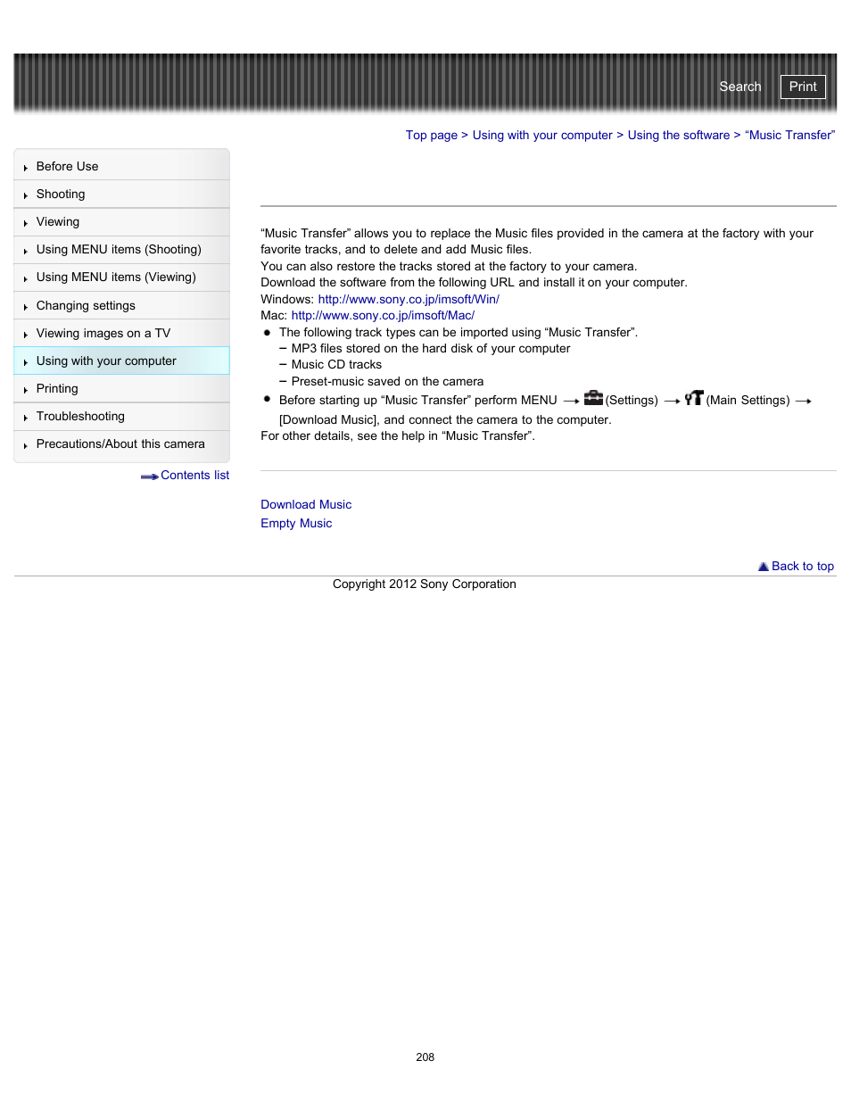 Music transfer, Cyber-shot user guide | Sony DSC-WX100 User Manual | Page 208 / 257