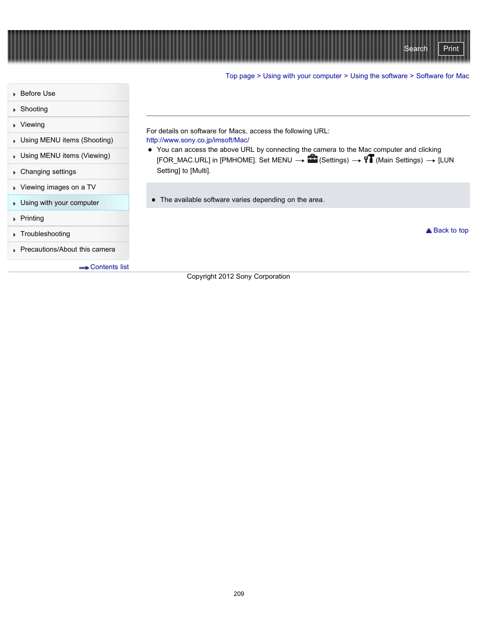Software for mac, Cyber-shot user guide | Sony DSC-WX100 User Manual | Page 209 / 257