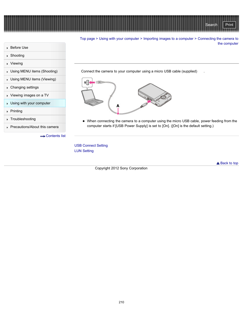 Connecting the camera to the computer, Cyber-shot user guide | Sony DSC-WX100 User Manual | Page 210 / 257