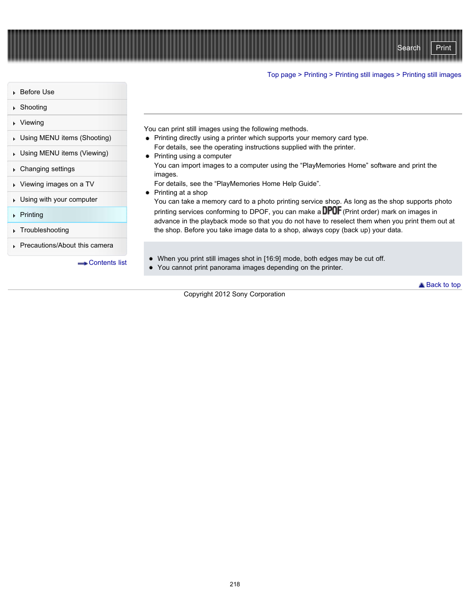 Printing still images, Cyber-shot user guide | Sony DSC-WX100 User Manual | Page 218 / 257