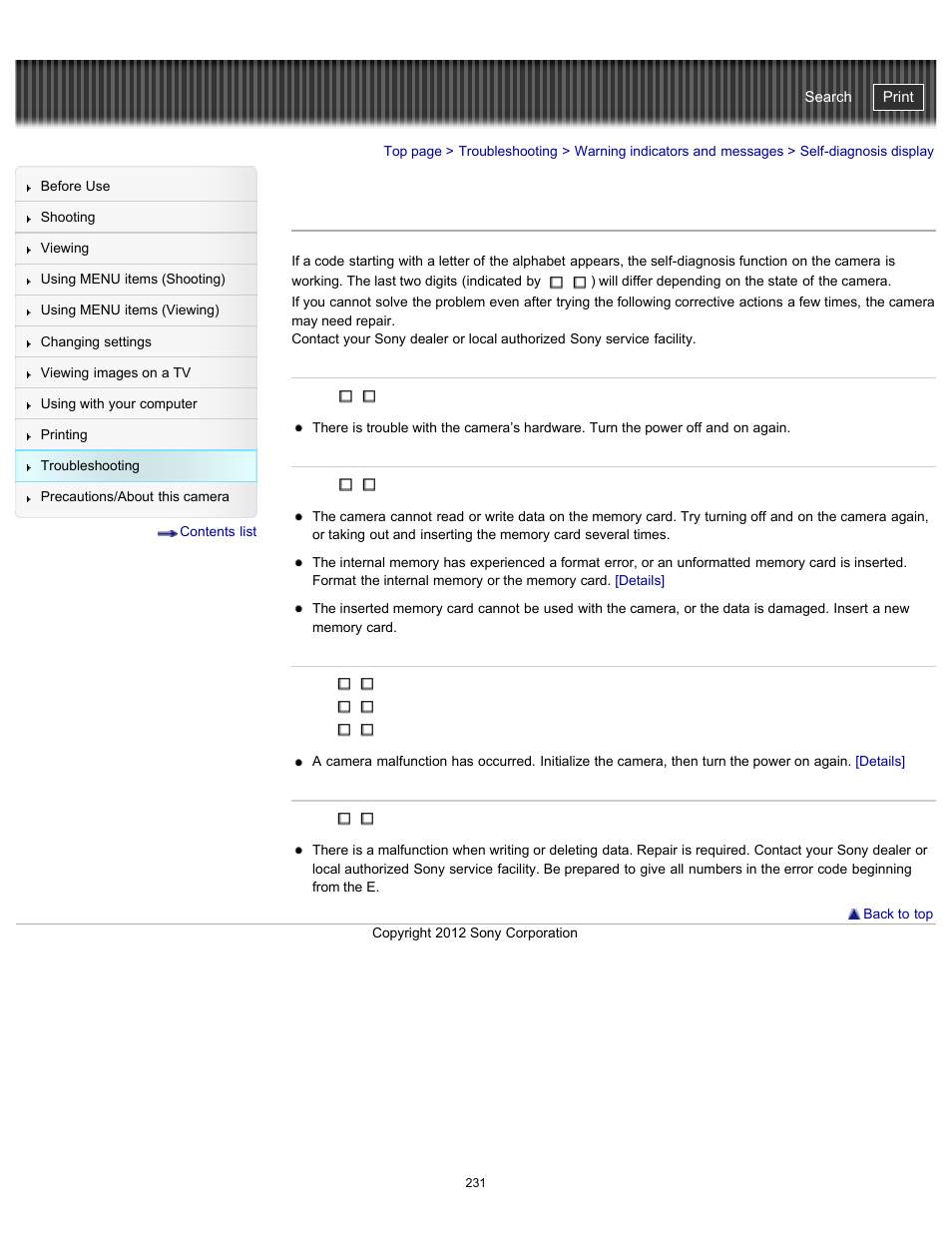 Self-diagnosis display, Cyber-shot user guide | Sony DSC-WX100 User Manual | Page 231 / 257