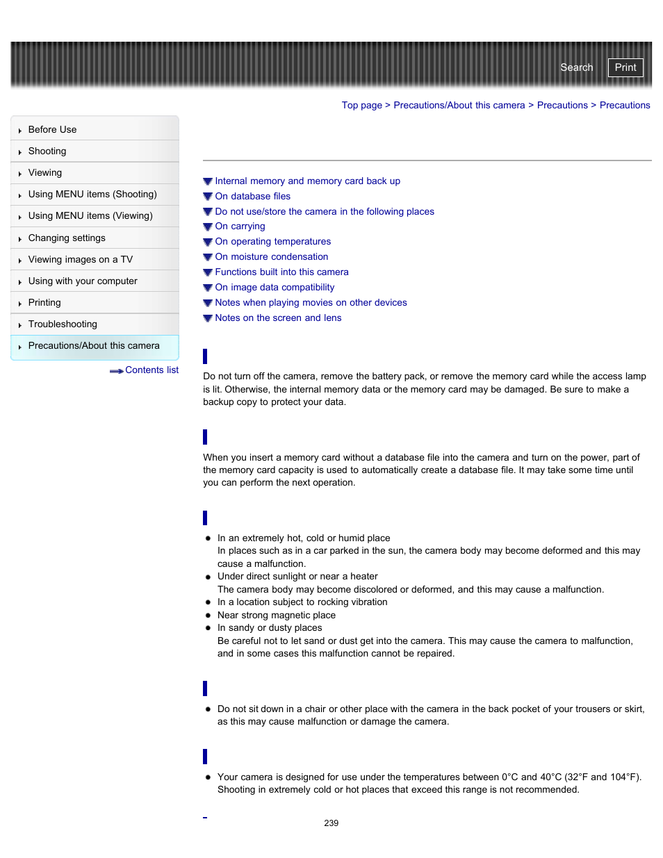 Precautions | Sony DSC-WX100 User Manual | Page 239 / 257