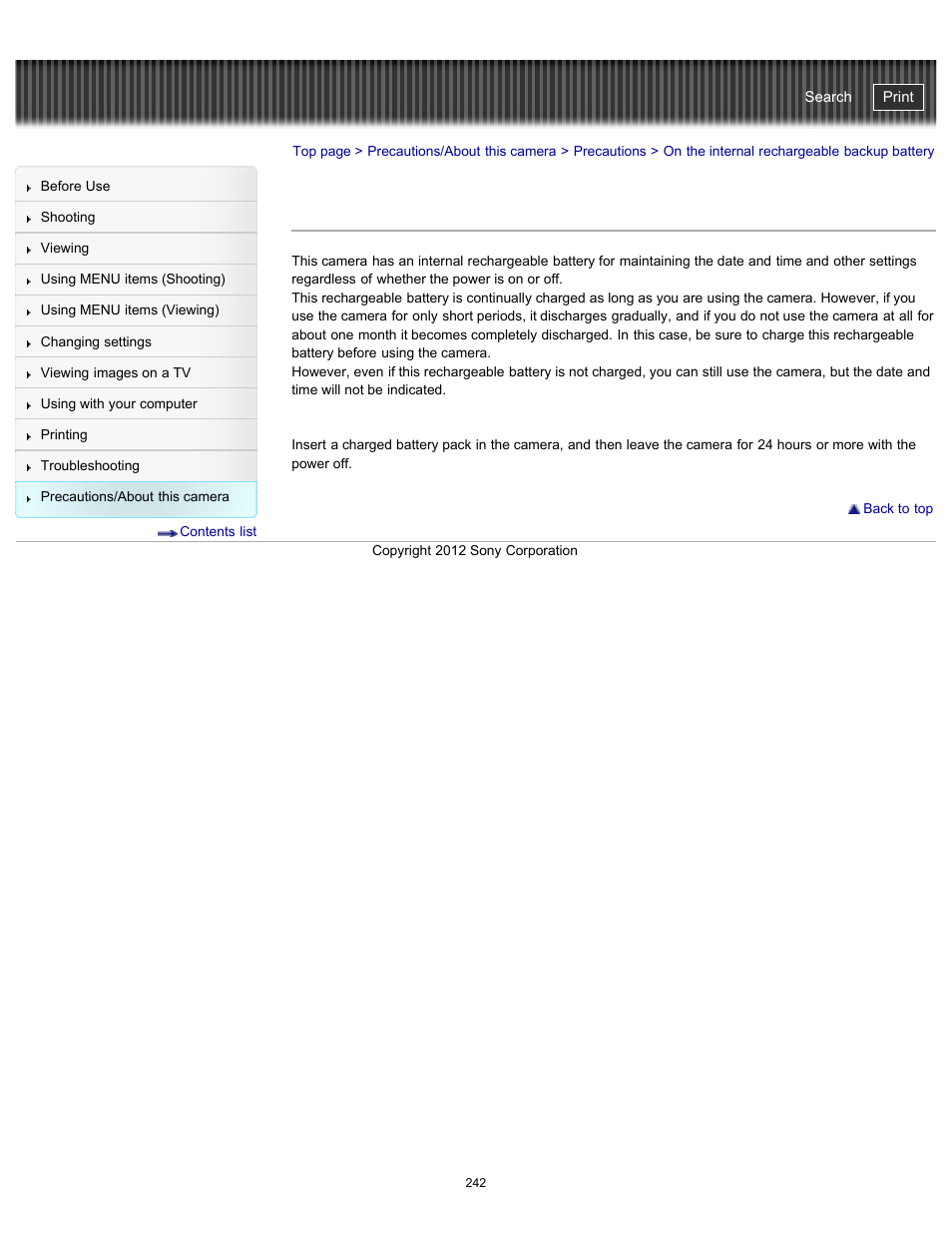 On the internal rechargeable backup battery, Cyber-shot user guide | Sony DSC-WX100 User Manual | Page 242 / 257