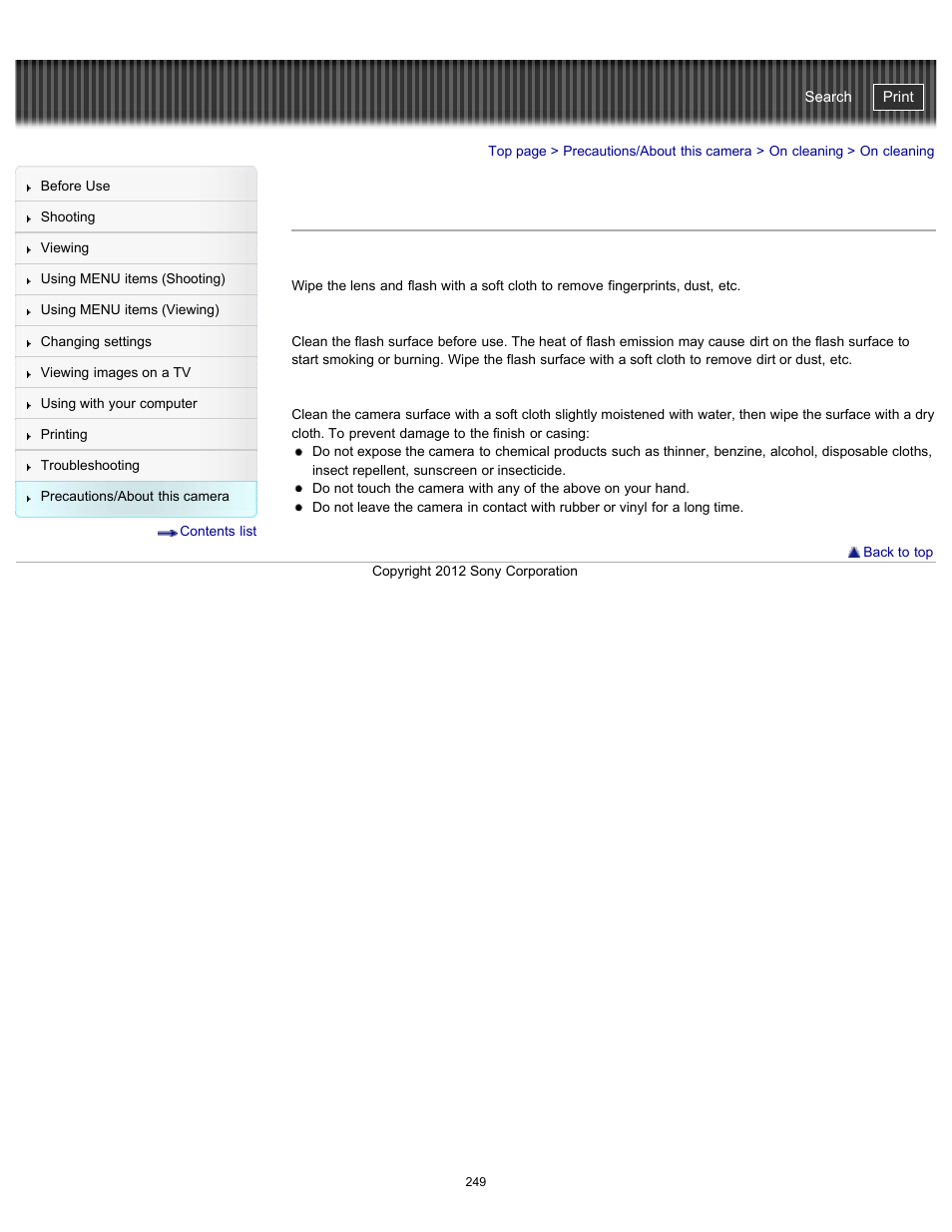 On cleaning | Sony DSC-WX100 User Manual | Page 249 / 257