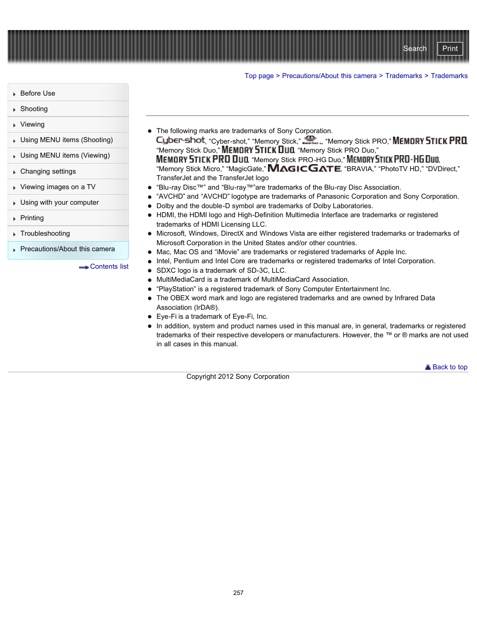 Trademarks, Cyber-shot user guide | Sony DSC-WX100 User Manual | Page 257 / 257