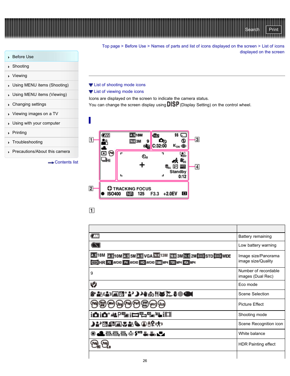 List of icons displayed on the screen, Cyber-shot user guide | Sony DSC-WX100 User Manual | Page 26 / 257