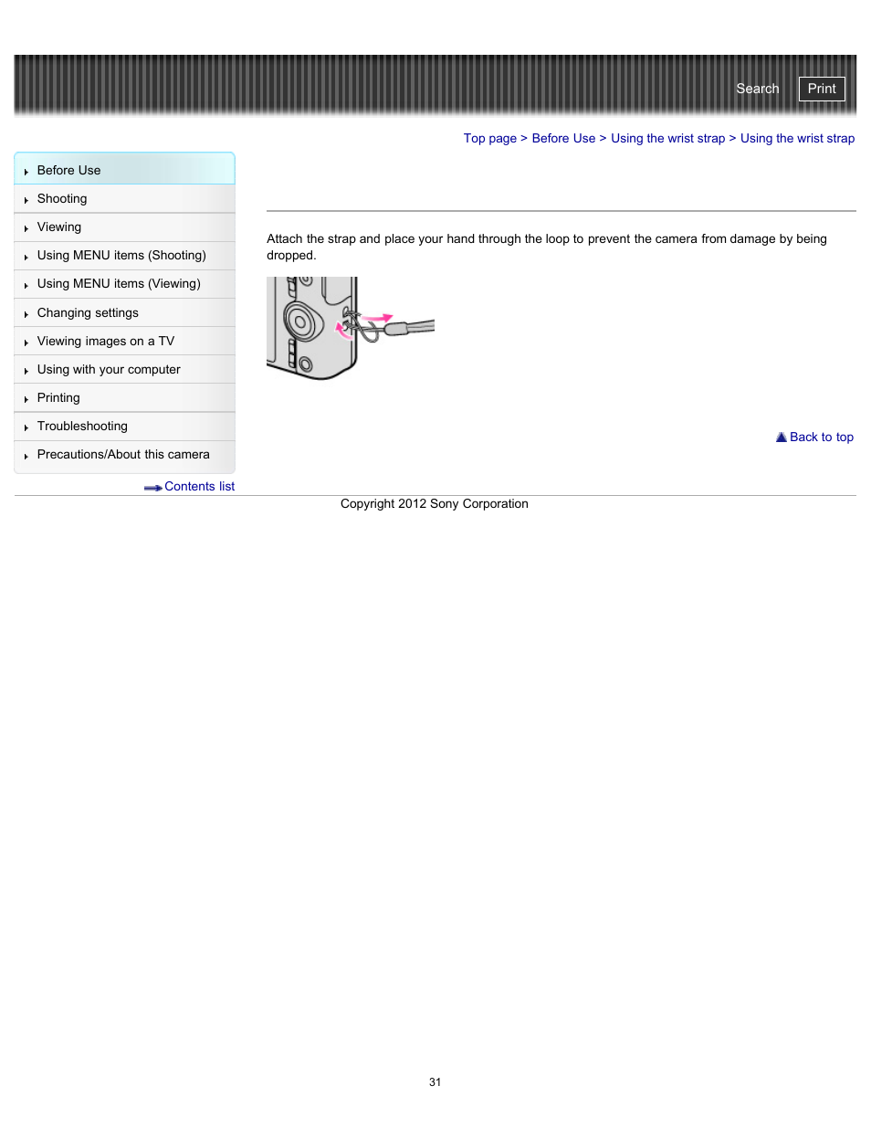 Using the wrist strap, Cyber-shot user guide | Sony DSC-WX100 User Manual | Page 31 / 257