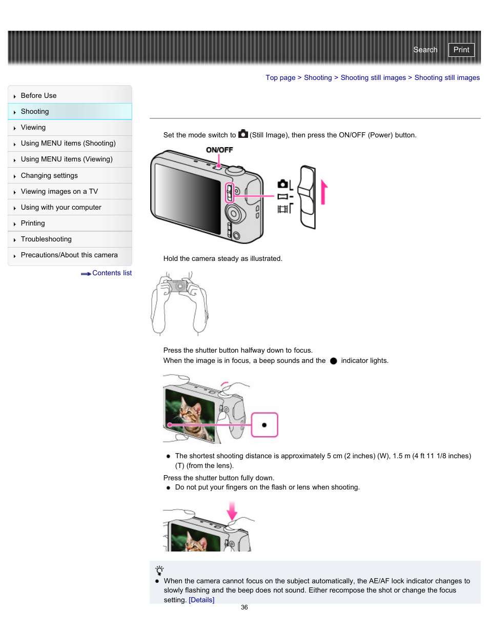 Shooting still images, Cyber-shot user guide | Sony DSC-WX100 User Manual | Page 36 / 257