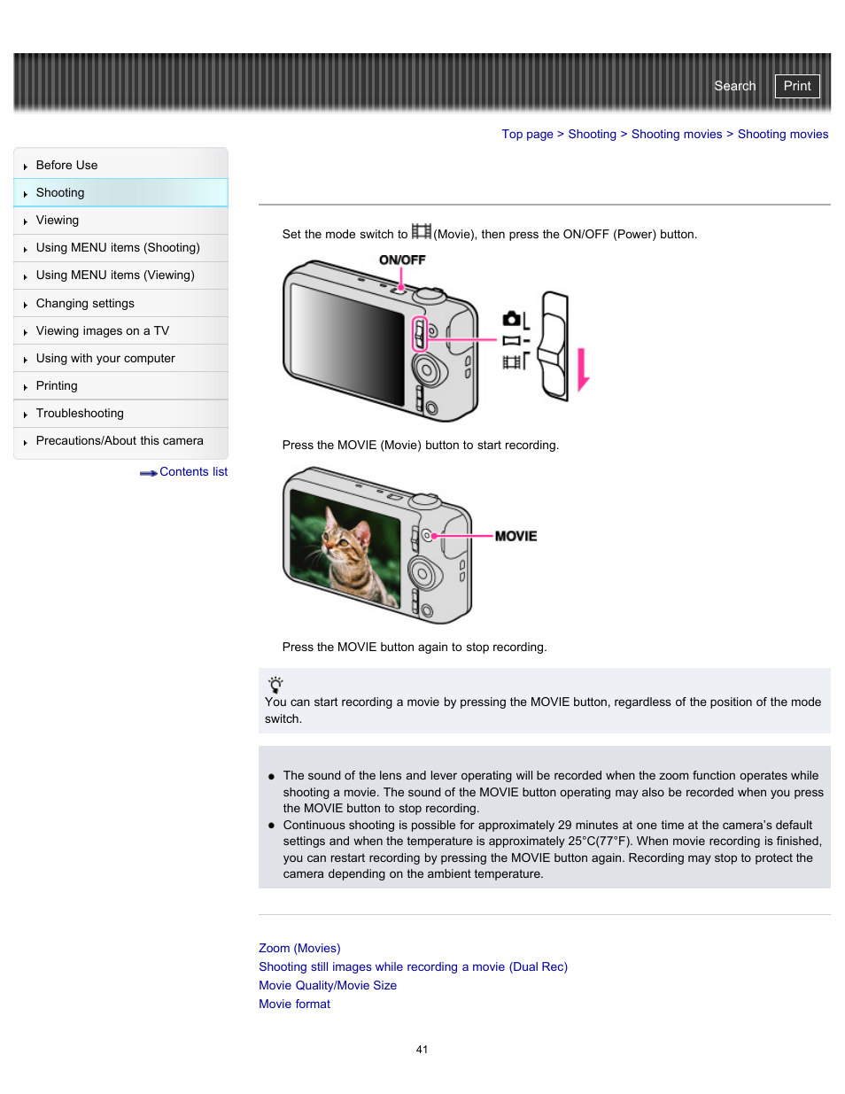 Shooting movies, Cyber-shot user guide | Sony DSC-WX100 User Manual | Page 41 / 257