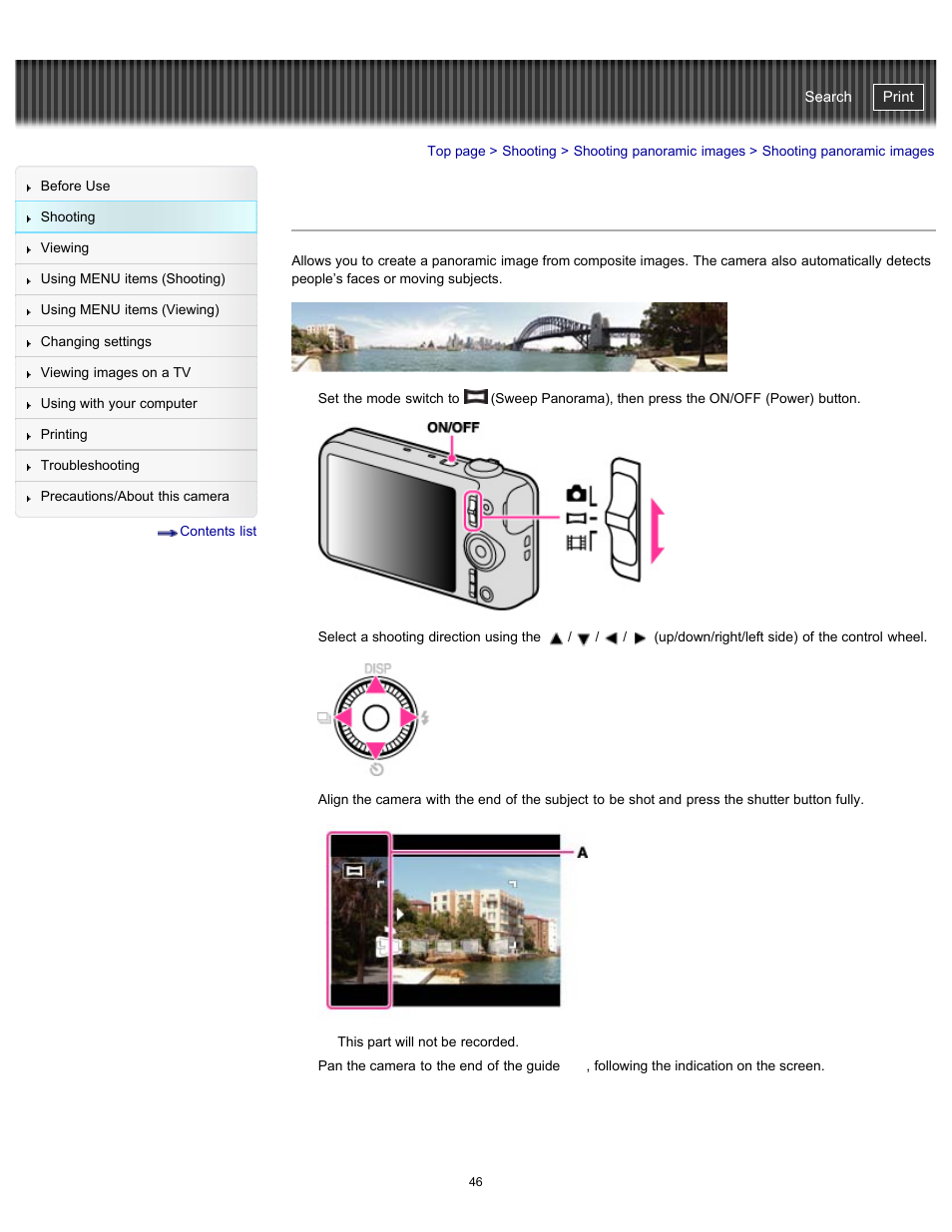 Shooting panoramic images, Cyber-shot user guide | Sony DSC-WX100 User Manual | Page 46 / 257