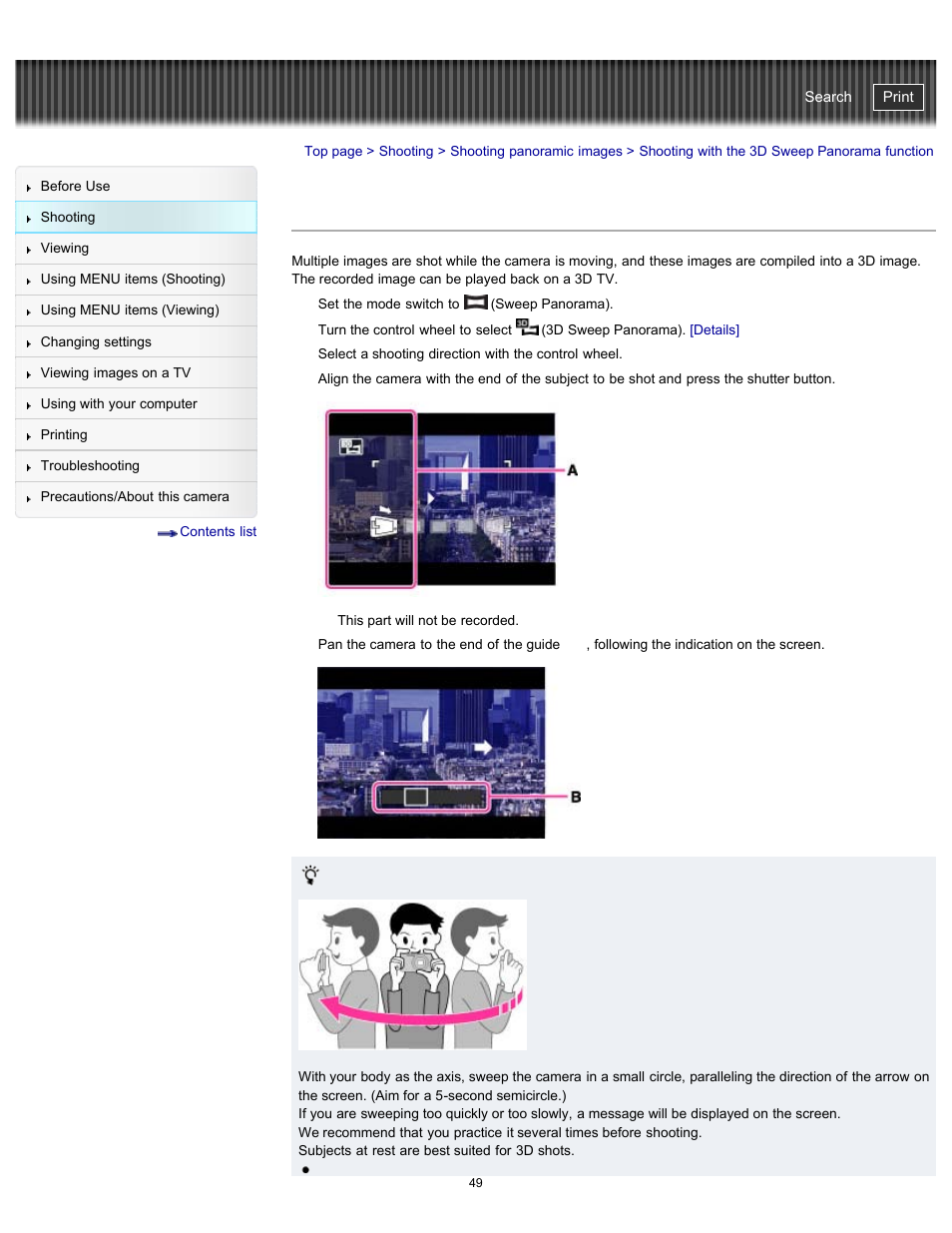 Shooting with the 3d sweep panorama function, Cyber-shot user guide | Sony DSC-WX100 User Manual | Page 49 / 257