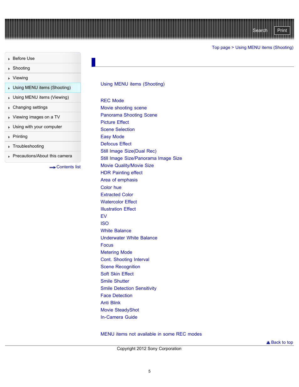 Using menu items (shooting), Cyber-shot user guide | Sony DSC-WX100 User Manual | Page 5 / 257