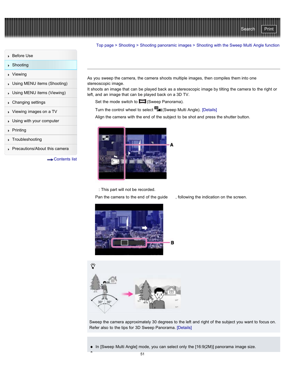 Shooting with the sweep multi angle function, Cyber-shot user guide | Sony DSC-WX100 User Manual | Page 51 / 257