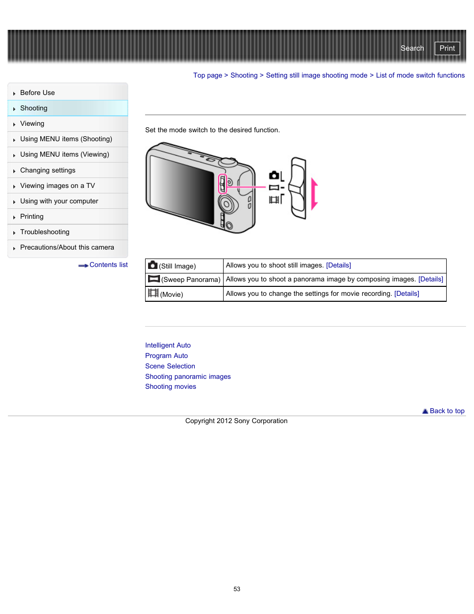 List of mode switch functions, Cyber-shot user guide | Sony DSC-WX100 User Manual | Page 53 / 257