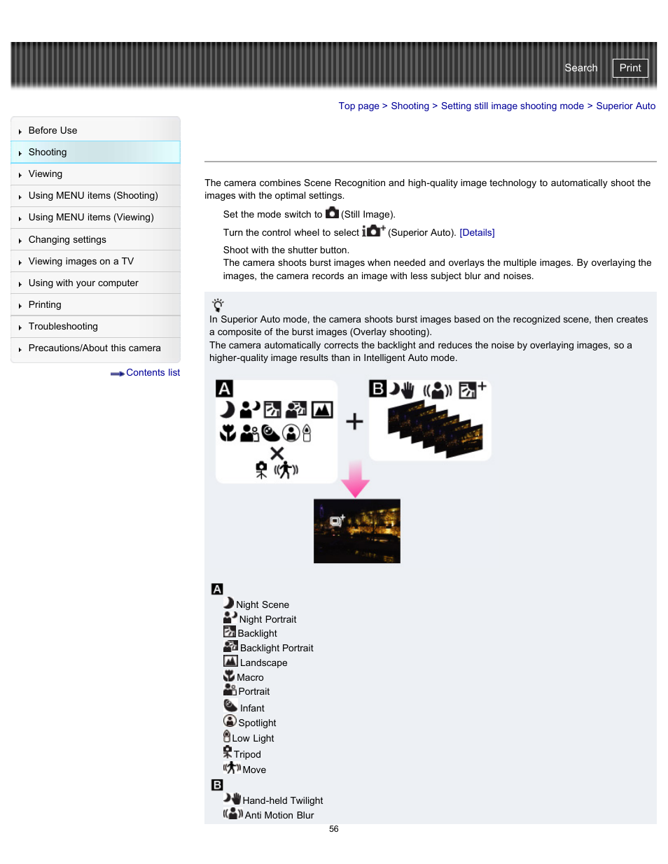 Superior auto, Cyber-shot user guide | Sony DSC-WX100 User Manual | Page 56 / 257