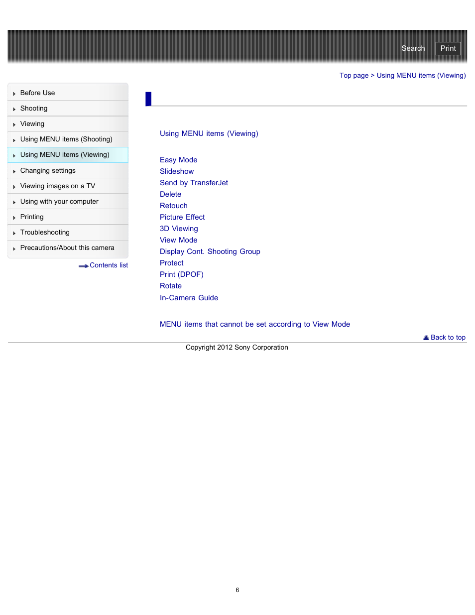 Using menu items (viewing), Cyber-shot user guide | Sony DSC-WX100 User Manual | Page 6 / 257