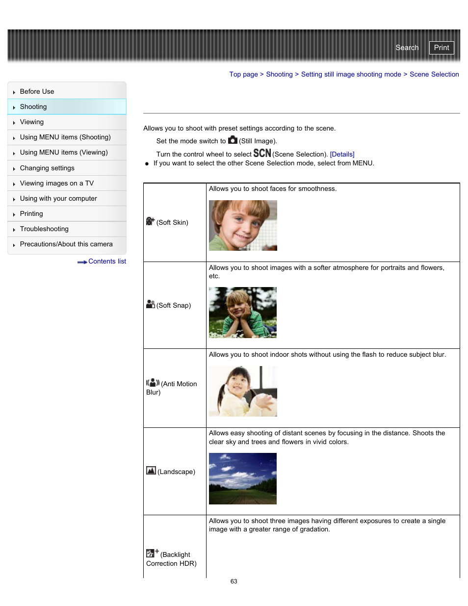 Scene selection, Cyber-shot user guide | Sony DSC-WX100 User Manual | Page 63 / 257