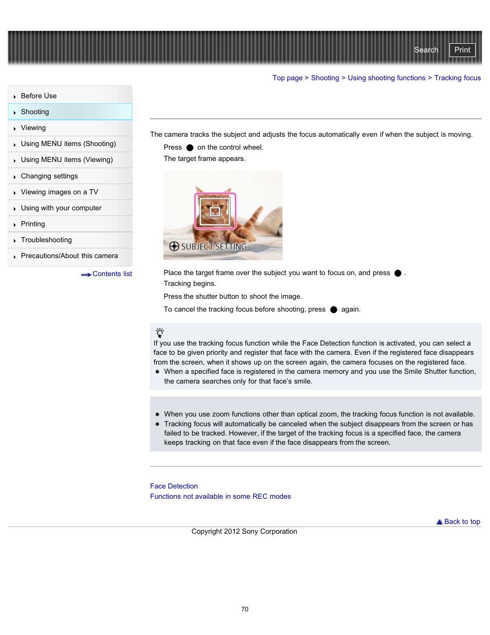 Tracking focus, Details, Cyber-shot user guide | Sony DSC-WX100 User Manual | Page 70 / 257