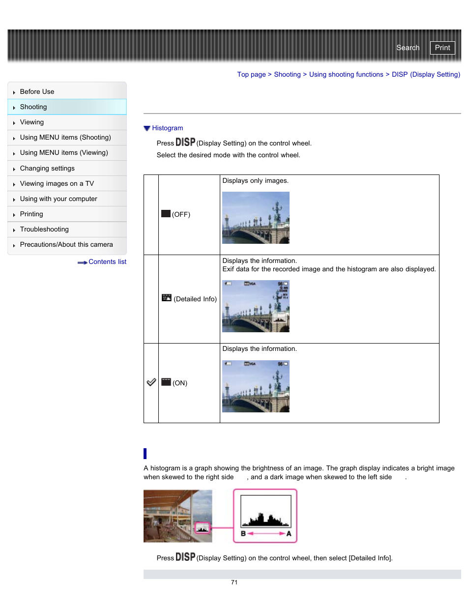 Disp (display setting), Cyber-shot user guide | Sony DSC-WX100 User Manual | Page 71 / 257