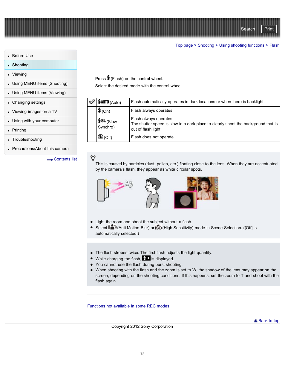 Flash, Cyber-shot user guide | Sony DSC-WX100 User Manual | Page 73 / 257