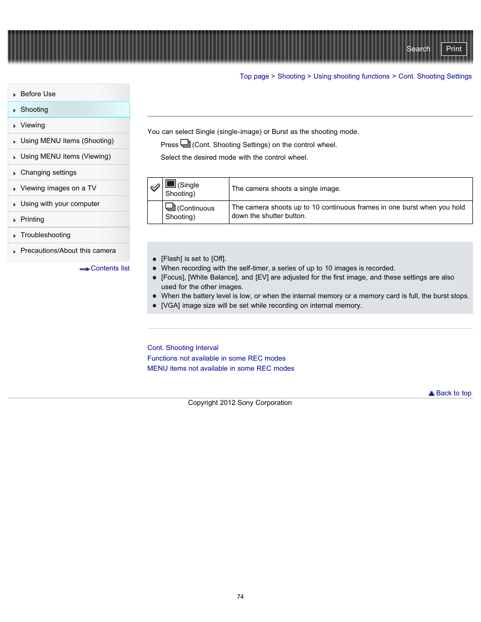 Cont. shooting settings, Cyber-shot user guide | Sony DSC-WX100 User Manual | Page 74 / 257