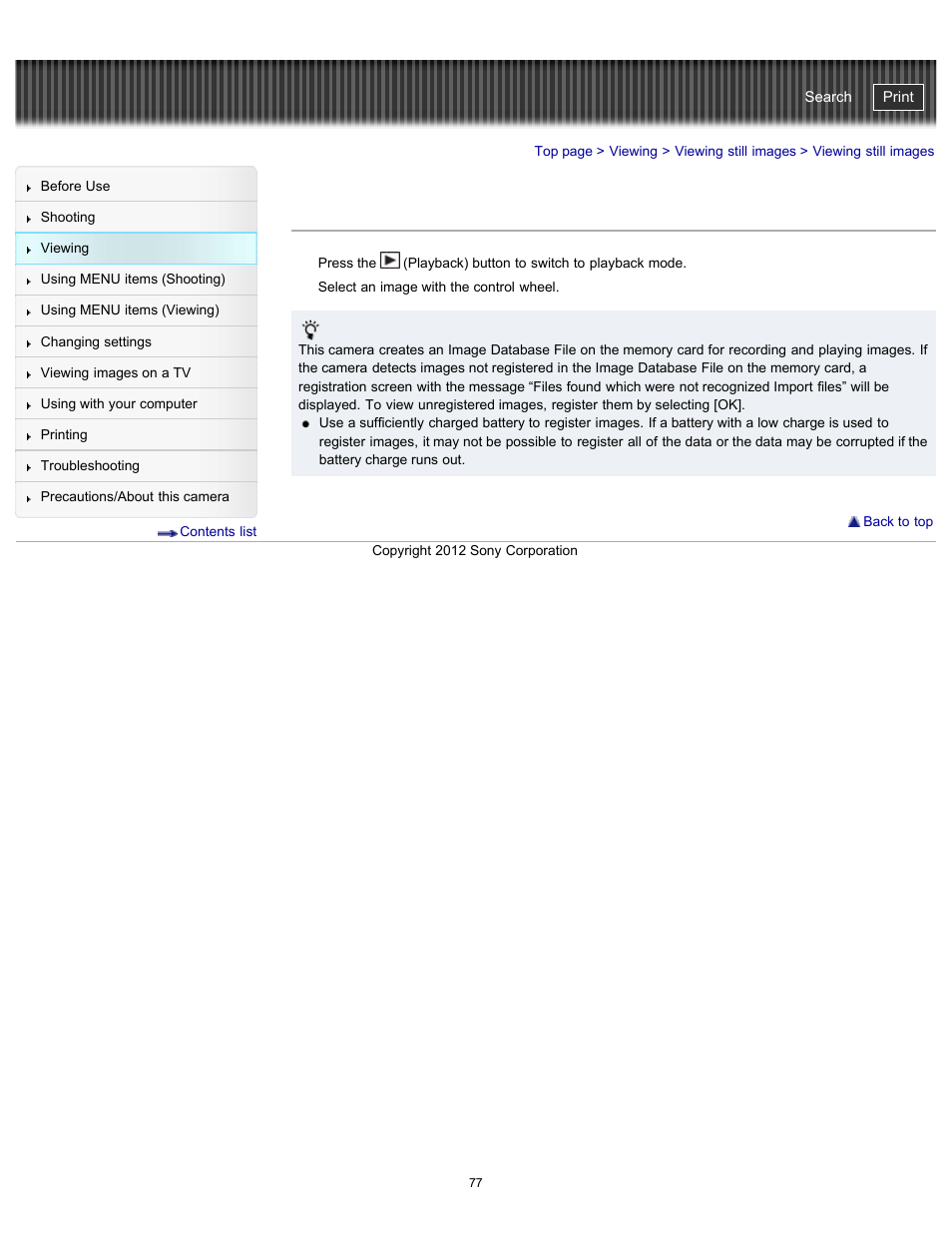 Viewing still images, Cyber-shot user guide | Sony DSC-WX100 User Manual | Page 77 / 257