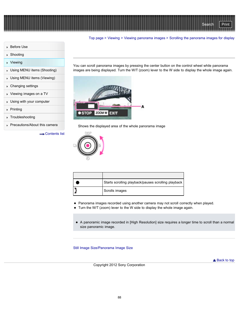 Scrolling the panorama images for display, Cyber-shot user guide | Sony DSC-WX100 User Manual | Page 88 / 257