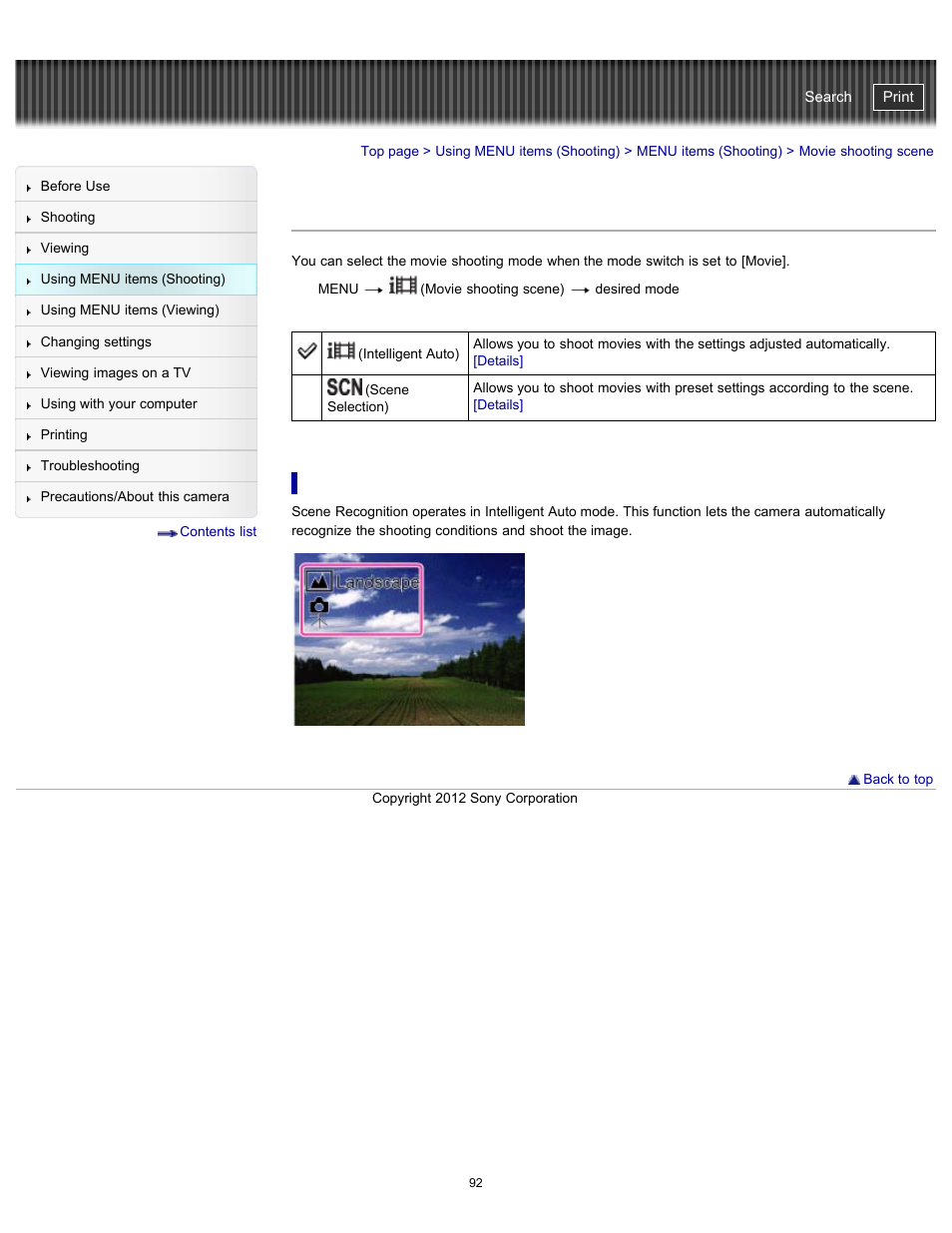 Movie shooting scene, Cyber-shot user guide | Sony DSC-WX100 User Manual | Page 92 / 257