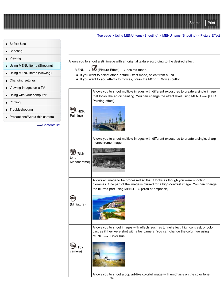 Picture effect, Cyber-shot user guide | Sony DSC-WX100 User Manual | Page 94 / 257