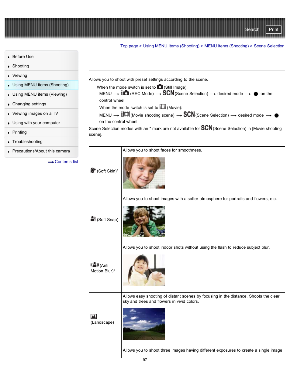 Scene selection, Details, Cyber-shot user guide | Sony DSC-WX100 User Manual | Page 97 / 257