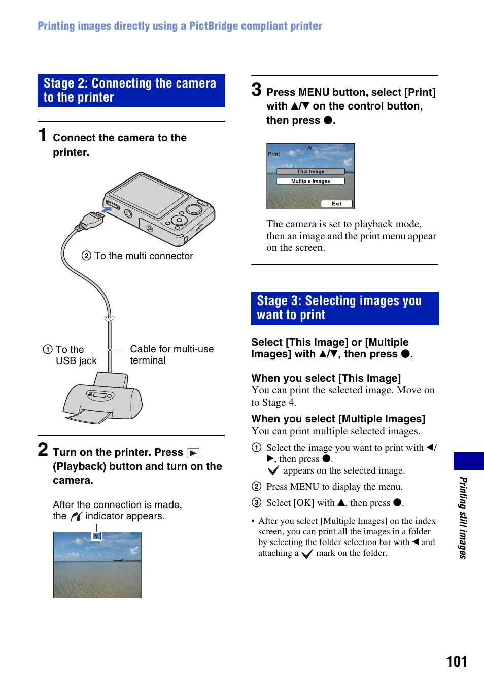 Stage 2: connecting the camera to the printer, Stage 3: selecting images you want to print | Sony DSC-W230 User Manual | Page 101 / 129