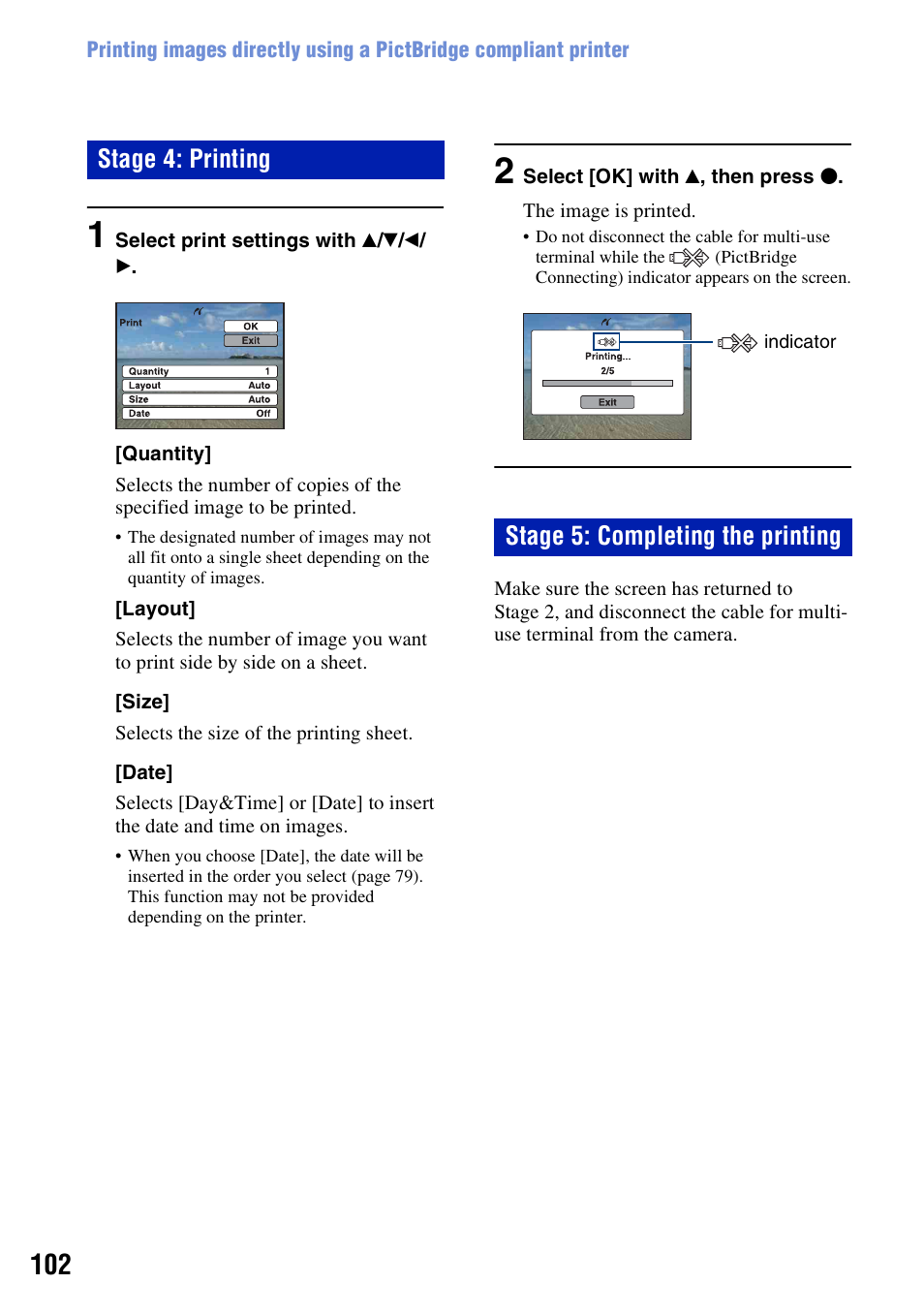 Stage 4: printing stage 5: completing the printing | Sony DSC-W230 User Manual | Page 102 / 129