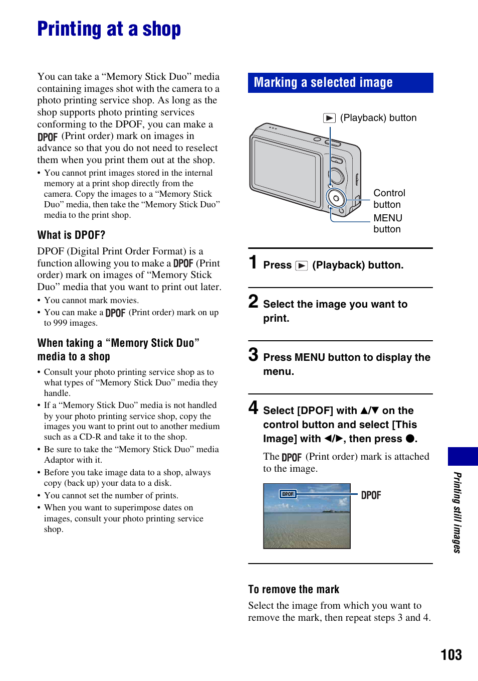 Printing at a shop, Marking a selected image | Sony DSC-W230 User Manual | Page 103 / 129