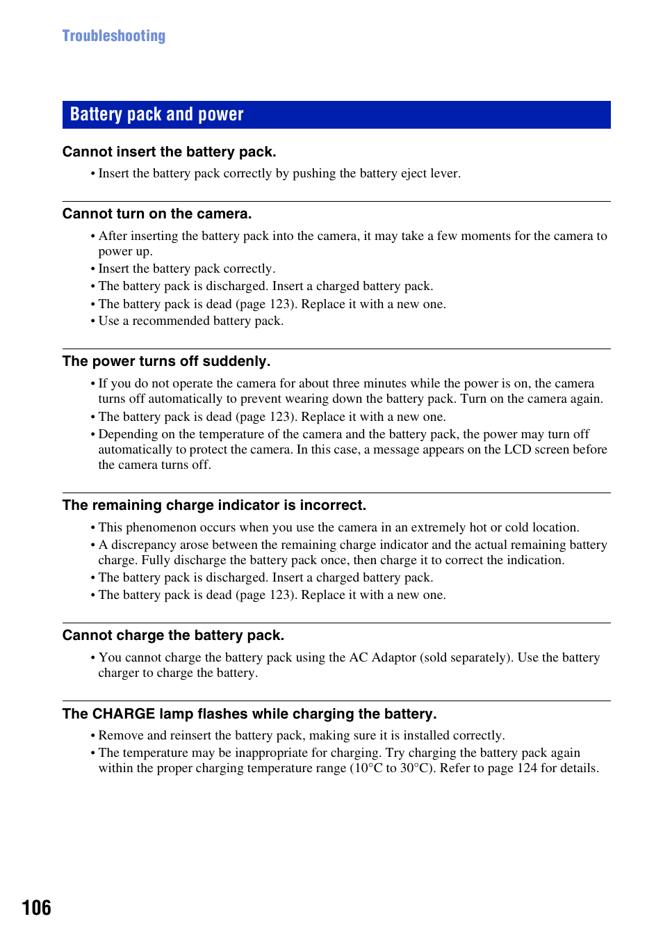 S 106 t, Battery pack and power | Sony DSC-W230 User Manual | Page 106 / 129