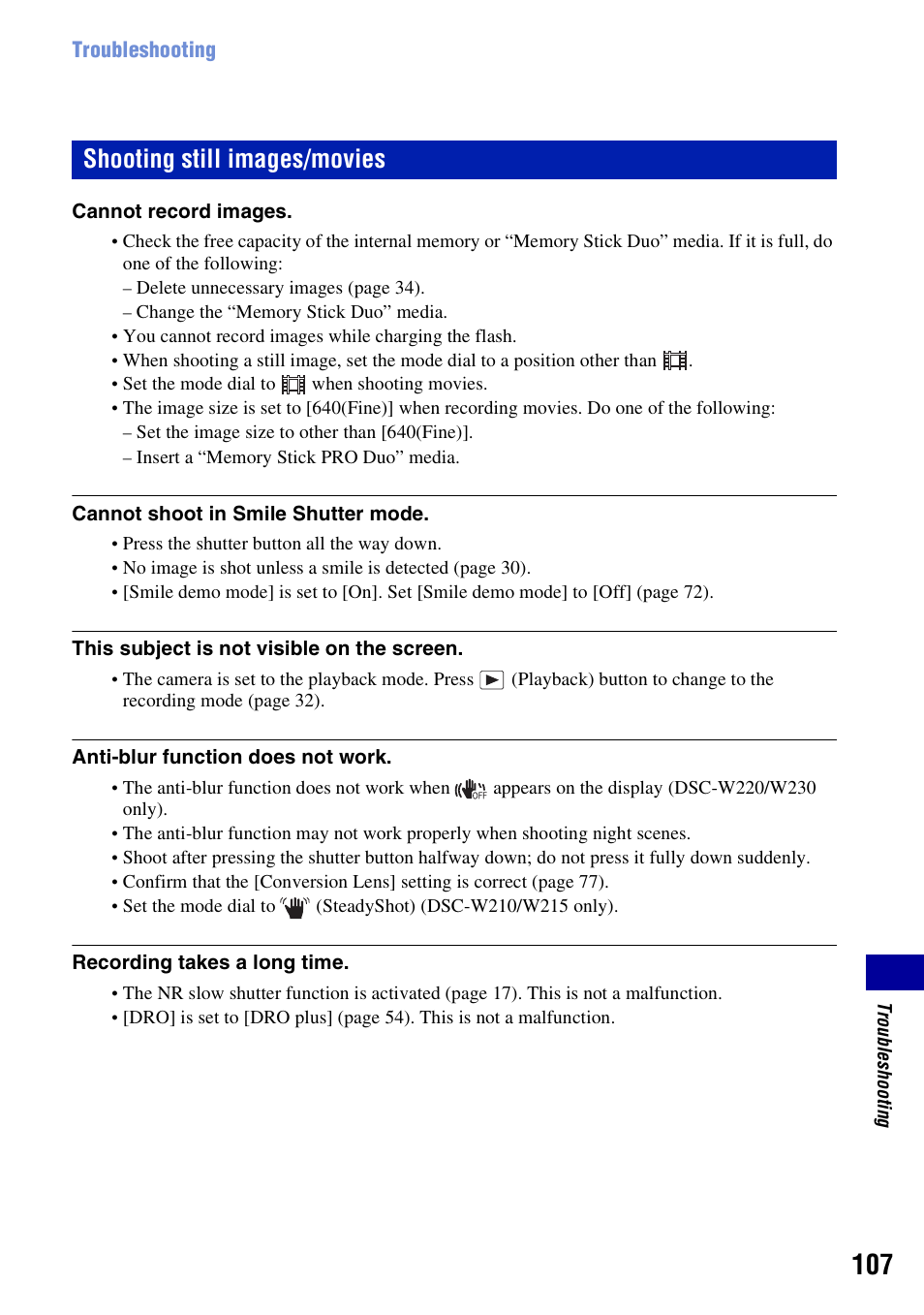 Shooting still images/movies | Sony DSC-W230 User Manual | Page 107 / 129