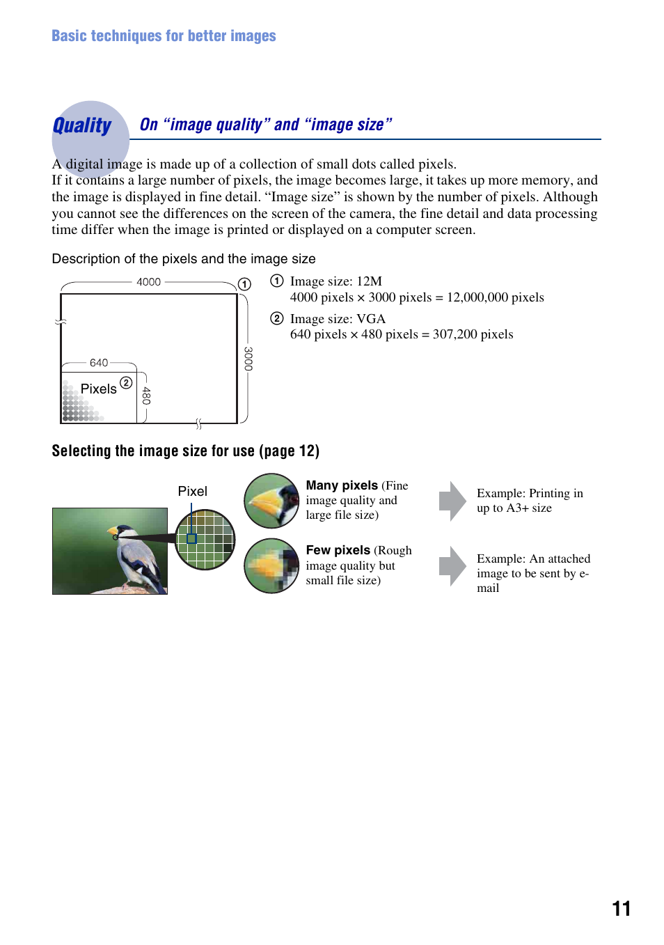 Quality, Quality – on “image quality” and “image size | Sony DSC-W230 User Manual | Page 11 / 129