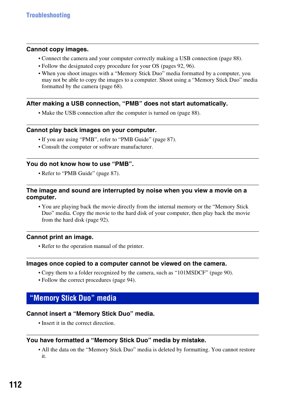 Memory stick duo” media | Sony DSC-W230 User Manual | Page 112 / 129