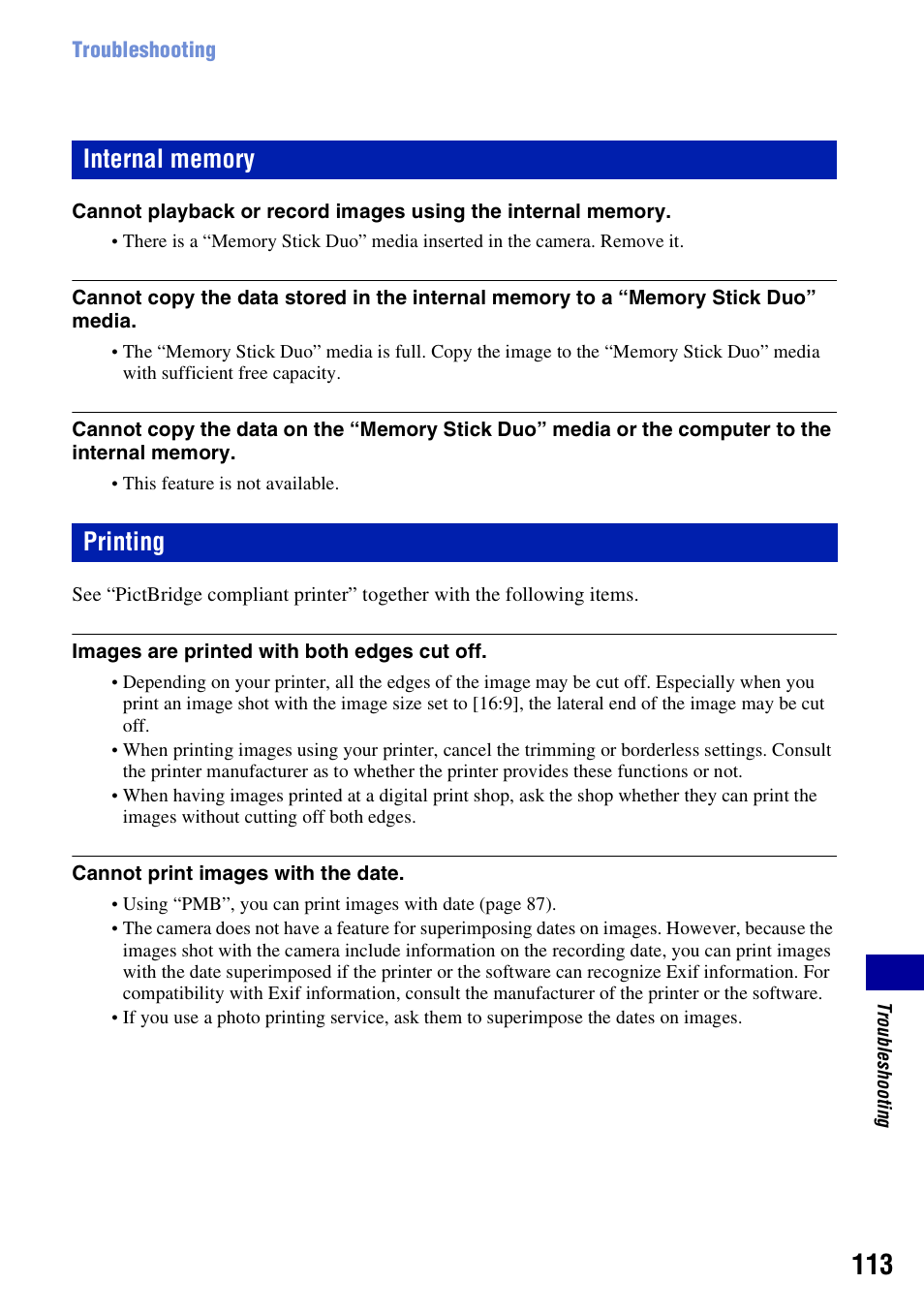 Internal memory, Printing | Sony DSC-W230 User Manual | Page 113 / 129