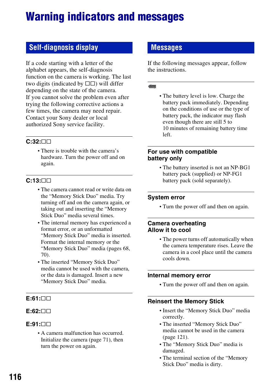 Warning indicators and messages, Ng (116), Self-diagnosis display messages | Sony DSC-W230 User Manual | Page 116 / 129