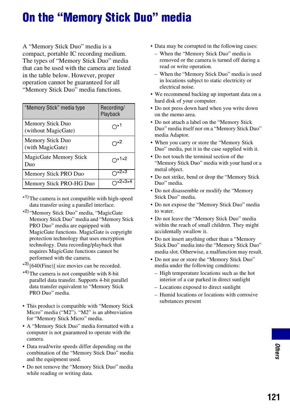 On the “memory stick duo” media | Sony DSC-W230 User Manual | Page 121 / 129