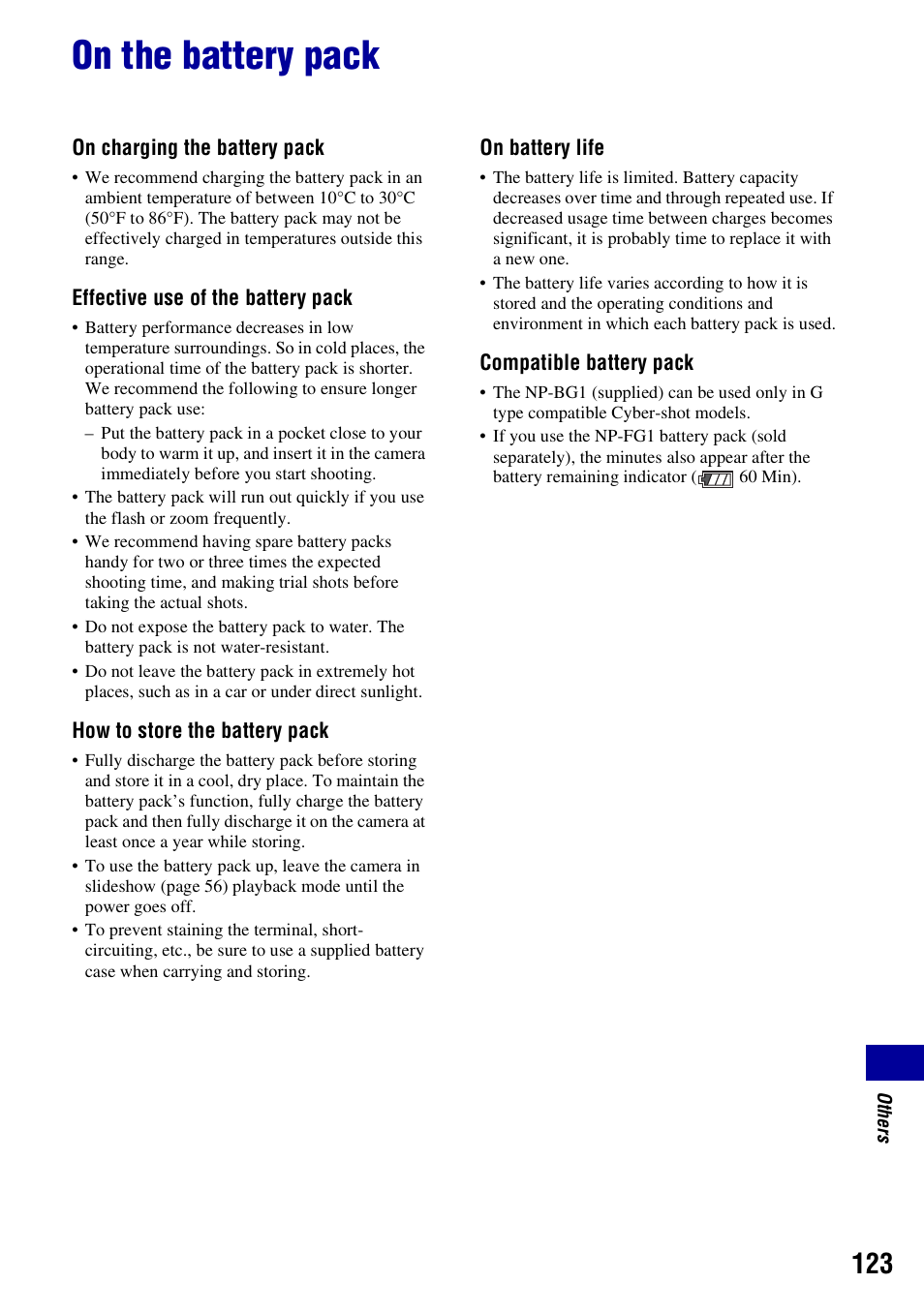 On the battery pack | Sony DSC-W230 User Manual | Page 123 / 129