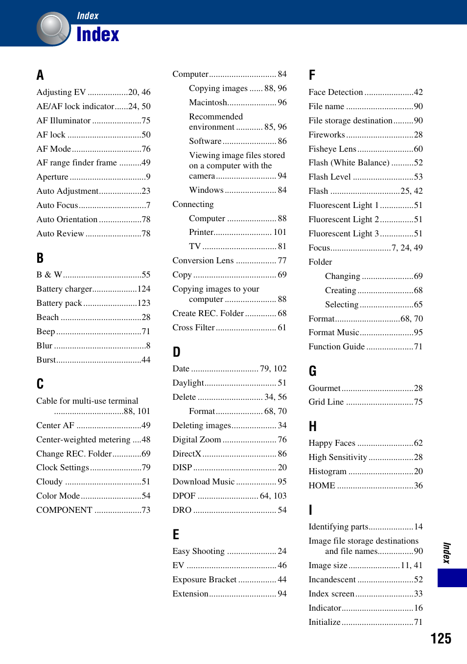 Index | Sony DSC-W230 User Manual | Page 125 / 129