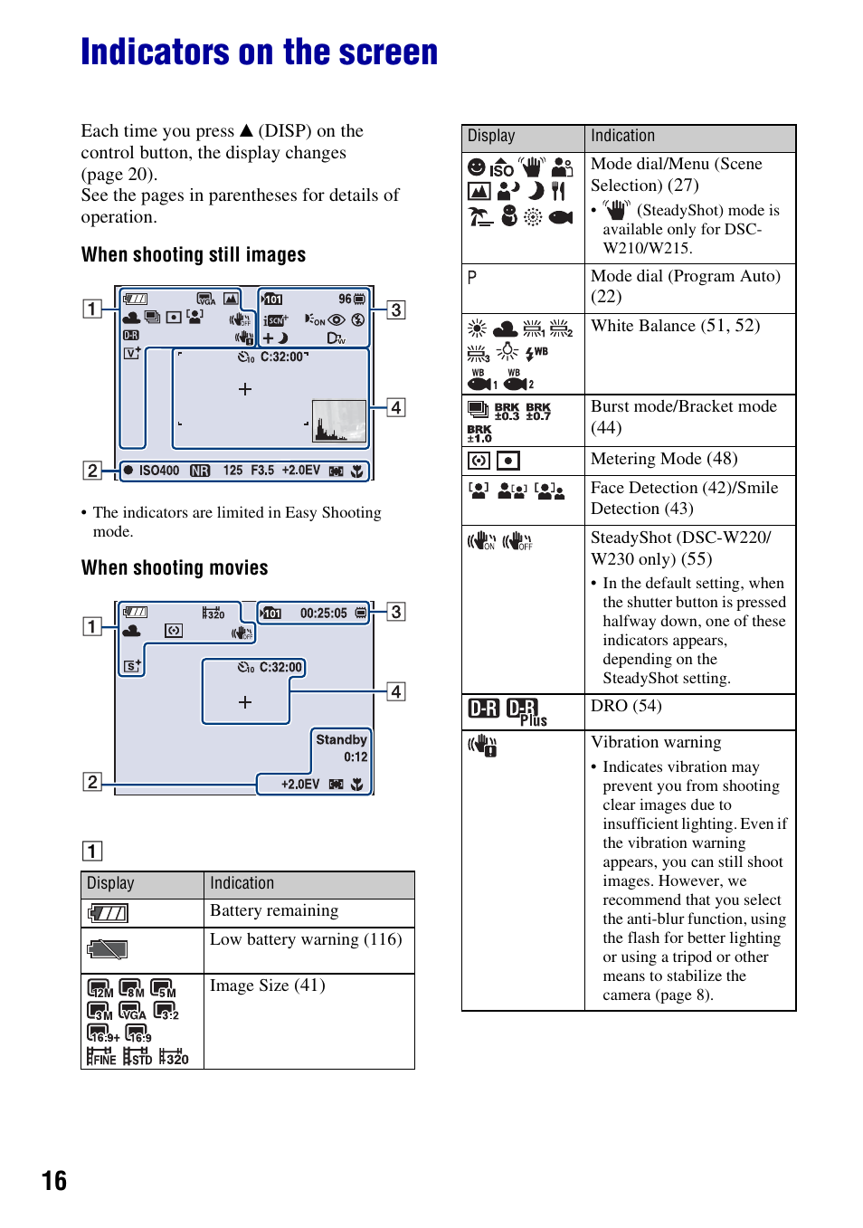 Indicators on the screen | Sony DSC-W230 User Manual | Page 16 / 129