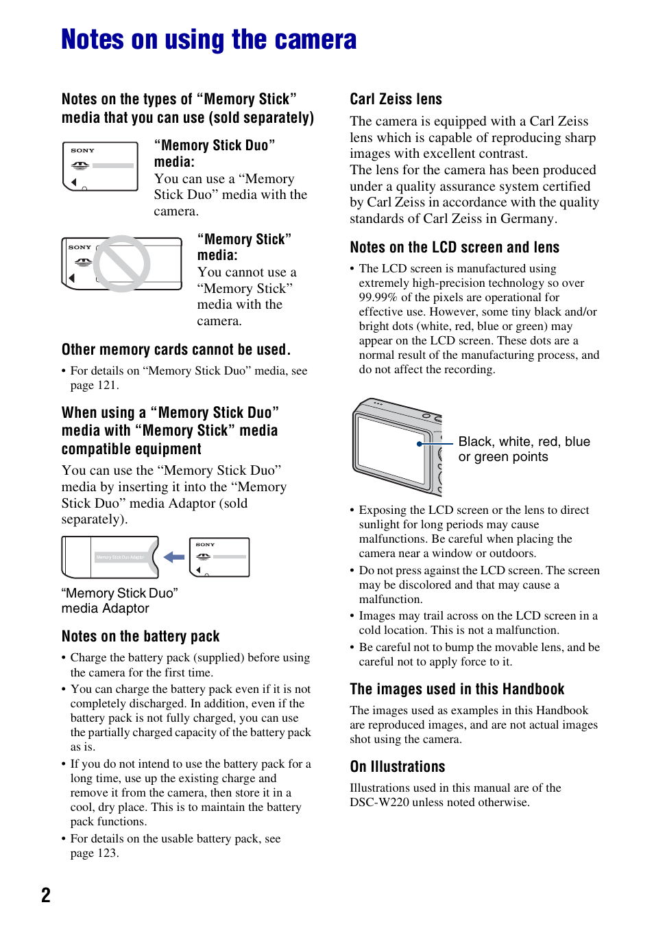Notes on using the camera | Sony DSC-W230 User Manual | Page 2 / 129
