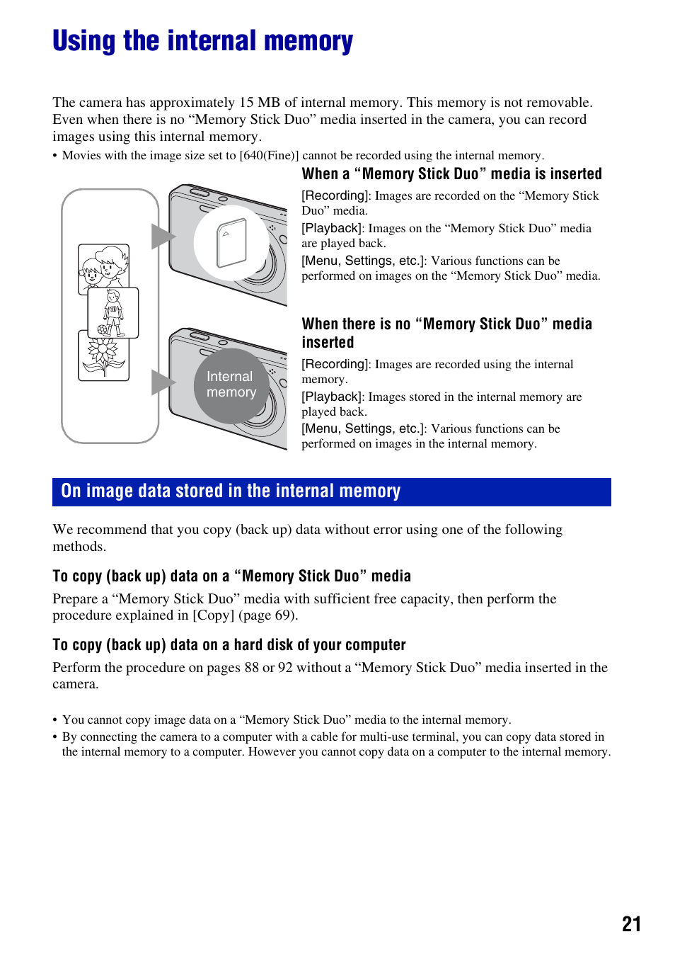 Using the internal memory | Sony DSC-W230 User Manual | Page 21 / 129